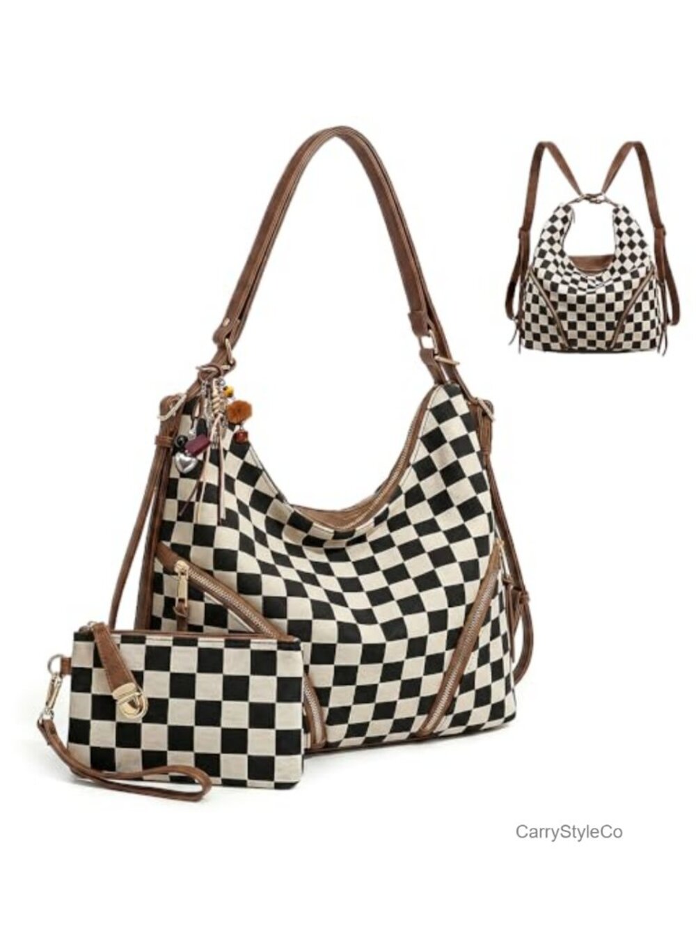 PU Leather Hobo Bag 3-in-1 Convertible Backpack Crossbody with Pouch